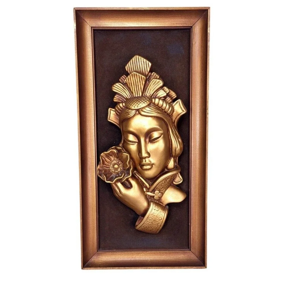 Vintage 50s 60s MCM 3D Gold Chinese Girl Lotus Flower Tretchikoff Green Girl Art